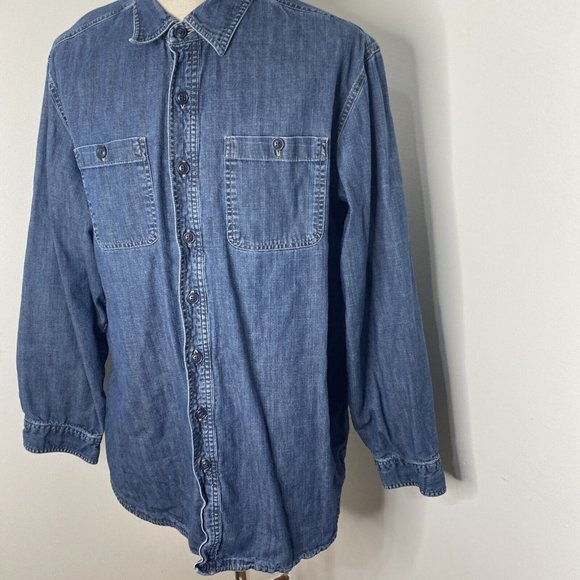LL Bean Shirt Mens XL Tall Blue Denim Work Shirt Flannel Lined Button Front - Picture 2 of 6